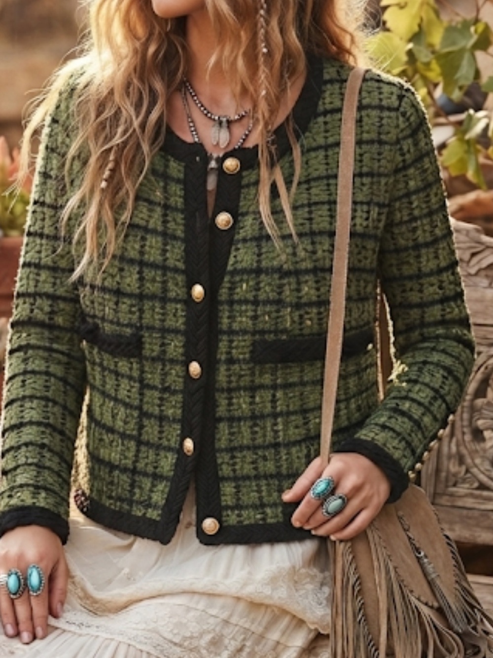 BELLE POUGE Green Tweed Blazer Jacket Gold Button Preppy Medium